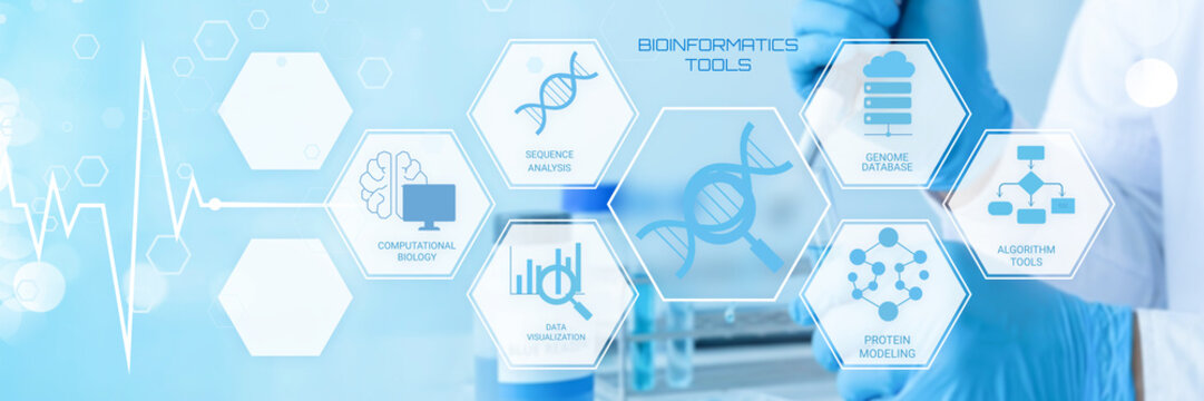 Modern bioinformatics tools and computational biology concepts illustrated with futuristic icons and healthcare technology