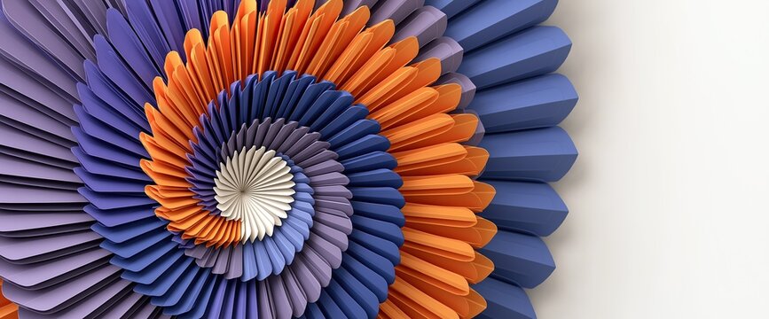 Layered 3d paper art mandala floral design with concentric circles in orange blue and purple colors on off white background modern decorative abstract art