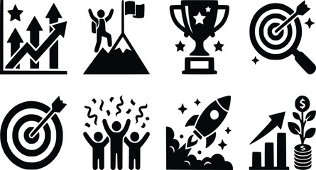 Fototapeta premium Business success icons set featuring growth charts trophy target achievement rocket launch and financial profit growth for corporate marketing projects