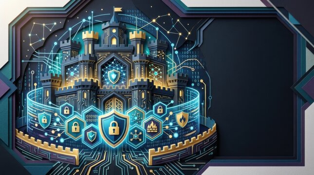 Digital illustration of a futuristic castle surrounded by cybersecurity icons and glowing data streams, representing protection and technology in a modern context
