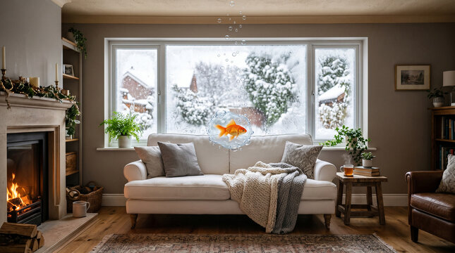 Surreal goldfish swimming through air in living room, impossible aquatic scene, whimsical home concept, playful interior design marketing, dreamlike domestic fantasy, creative advertising