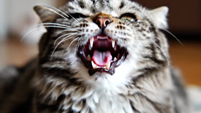 This ferocious feline unleashes a guttural, amplified roar showcasing sharp teeth and an exposed powerful jaw, expressing intense animalistic emotion and raw, untamed ferocity during a natural