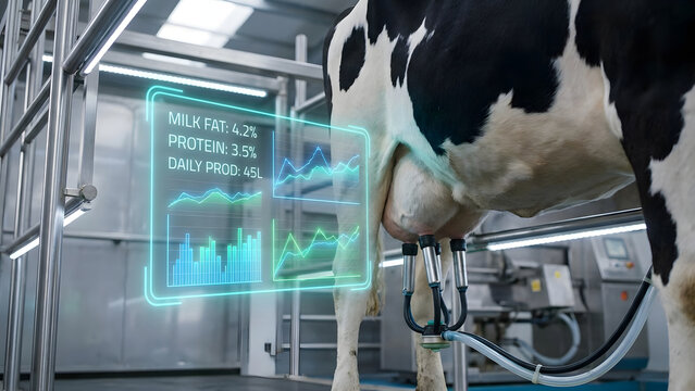 Holographic display showing real time milk production data for a cow in a milking parlor