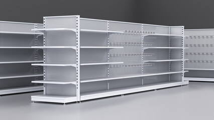 Supermarket interior mockup with metal gondola display racks, empty shelves, pegboard, euro hooks and price holders. 3d illustration © Wire_man