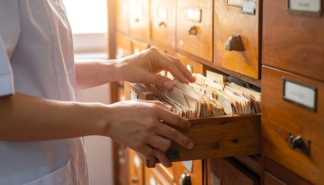Person searching vintage wooden card catalog drawers