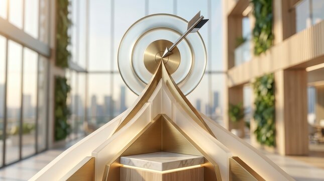 Arrow hitting golden target on pedestal in modern office