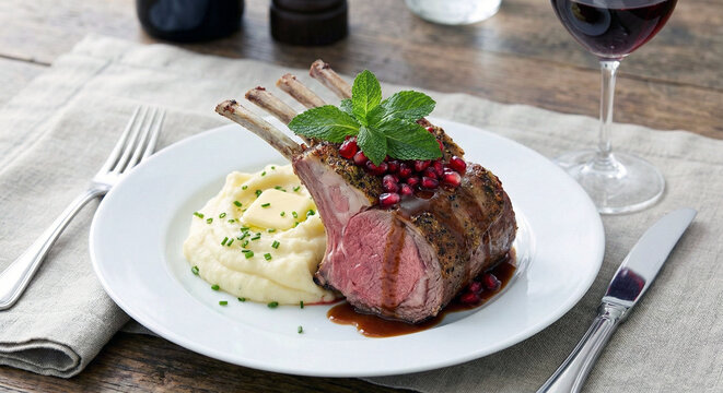 Roasted rack of lamb with mashed potatoes, fresh mint, and red pomegranate seeds on a white plate. Wooden table setting, warm natural lighting, rustic food photography style, gourmet restaurant meal