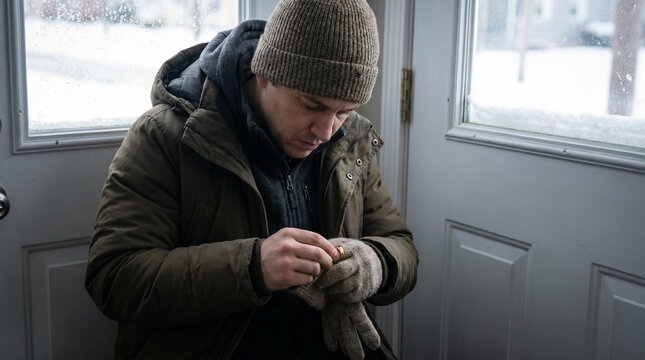 A man in a brown coat and hat stands by a door, putting on his gloves on a cold winter day.