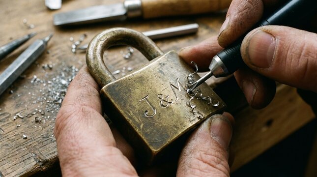 A person is repairing a vintage brass padlock with a engraved initials on a workbench with various tools.