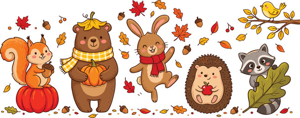 Obraz premium Cute Autumn Forest Animals Collection with Bear Bunny Hedgehog Raccoon and Fall Leaves Vector Illustration Style