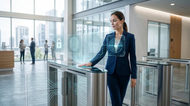 Businesswoman using biometric security at office entrance