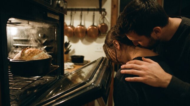A romantic couple sharing a tender moment in a cozy kitchen while baking bread together
