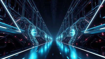 Fototapeta premium Futuristic tunnel, glowing blue lines, digital patterns. Dark background emphasizes bright technology, creating immersive space.