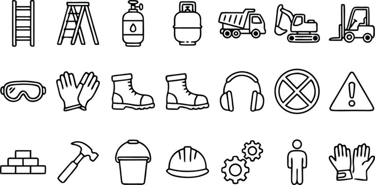Comprehensive set of construction and industrial safety line icons featuring heavy machinery, hand tools, and protective equipment symbols