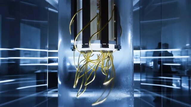 Tracking slow motion shot of robotic probe with gold wires lowering inside cryogenic glass chamber in sterile laboratory environment