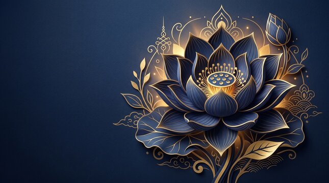 Elegant blue and gold lotus flower on dark background with copy space perfect for spiritual presentations, luxury brand websites, and corporate greeting card designs