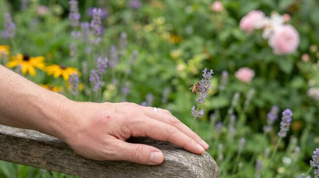 Hand after Bee Sting Resting on Wooden Garden Rail beside Flowers for Seasonal Outdoor Health