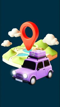 A lilac car with a suitcase on top sits before a cartoon map, a location pin hovering above, against a dark teal background, suggesting travel.