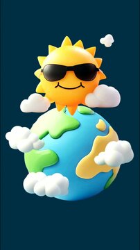 A cheerful sun with sunglasses hovers above a cartoon Earth, surrounded by fluffy white clouds against a deep blue backdrop, creating a playful, summery vibe.