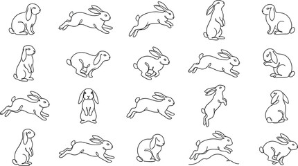 Fototapeta premium Rabbit Outline Collection with Cute Bunny Poses and Jumping Animal Line Art Vector Illustration Style