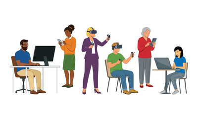 Obraz premium Diverse People Using Digital Devices and Virtual Reality Technology
