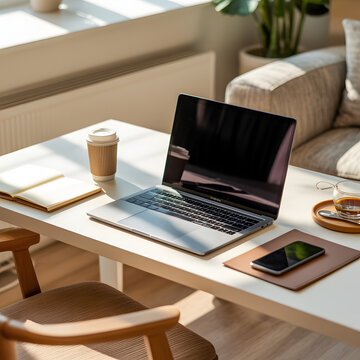 A laptop and smartphone are set up on a clean white table with a coffee cup nearby, bathed in natural light.