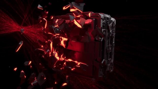 Slow motion tracking shot of metal hard case exploding into glowing red shards in dark studio space