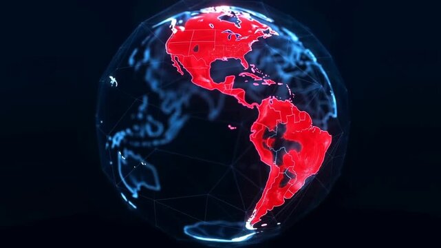 Tracking shot of holographic globe rotating to highlight countries across americas on digital earth interface against dark background