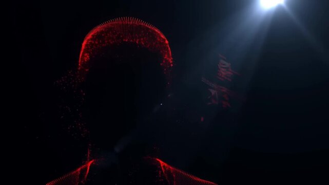Tracking slow motion zoom of wireframe human head dissolving into red particles in dark studio space
