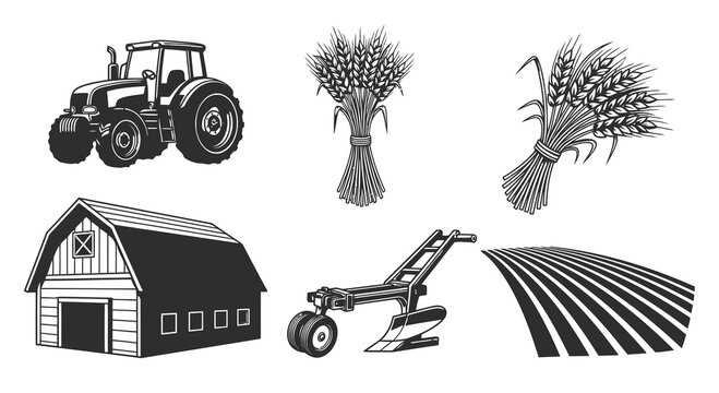 Black and white farm icons including tractor and wheat