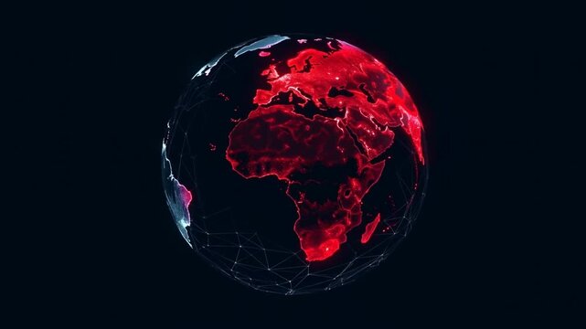 Tracking rotating shot of digital globe showing red heatmap spreading across continents in dark data visualization interface