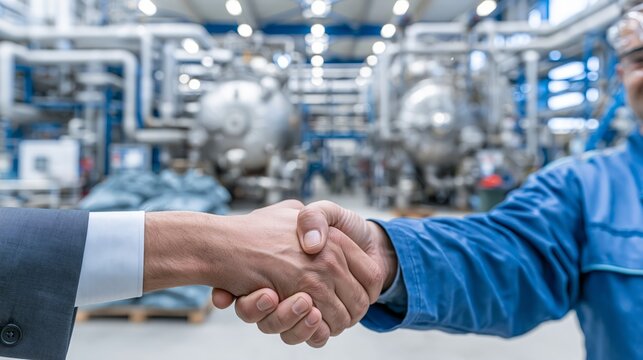 A cobalt processing deal handshake, with chemical reactor vessels and cobalt hydroxide bags visible in the plant behind.