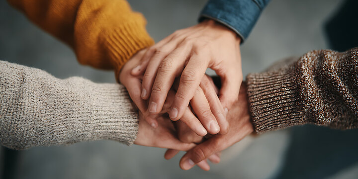  a concept of teamwork and diversity through a gesture of hands joined together.