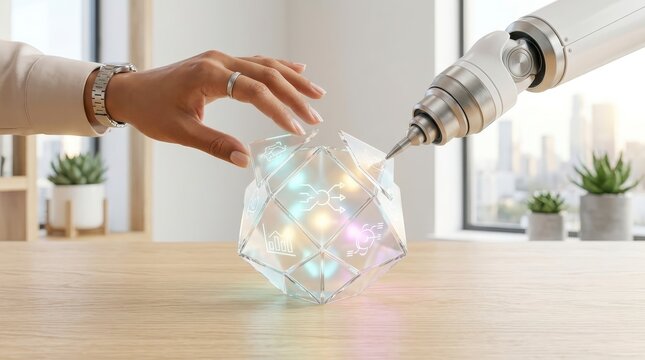 Human and robot collaborating on futuristic data cube