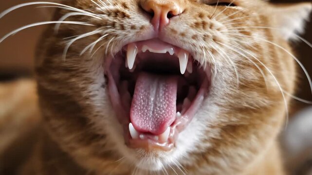 An orange tabby feline's wide open mouth exhibits sharp canine fangs and a pink tongue during an expressive yawn captured with amazing clarity and an intensely focused perspective