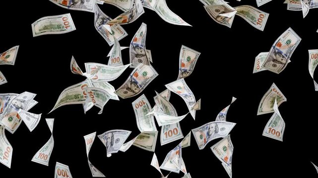 4K Rain of Flying US Dollar Bills Motion Graphic. 3D Falling Dollar Bank Note Animation Loop on black background.