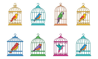 Fototapeta premium Bird Cage Vector Icons Collection with Colorful Birds Set
