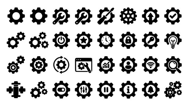 Gear and settings icon collection with cogwheel mechanism and configuration symbols vector isolated on white background