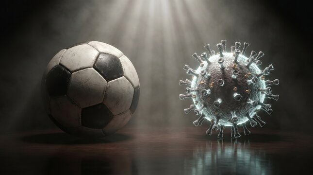 A black-and-white soccer ball beside a 3D virus model (SARS‑CoV‑2&ndash;like) on a reflective surface with misty backlighting, visually contrasting sport and the pandemic.