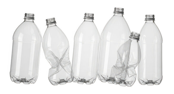 Group of empty clear plastic bottles and crushed bottles isolated on a transparent background