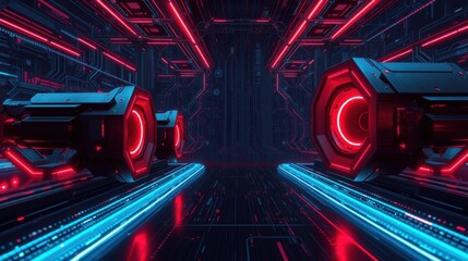 Fototapeta premium Futuristic corridor. Red lights illuminate sleek vehicles. Blue lines create dynamic perspective, suggesting speed. Dark metallic surfaces dominate scene.
