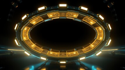 Fototapeta premium Futuristic circular structure glows with warm lights. Dark background emphasizes complex metallic design, creating dramatic effect.