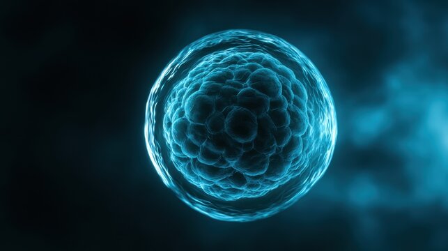 Early blastocyst stage embryo in 3D render shows clear view of blastomere cells and tight junctions under microscope with dark background.