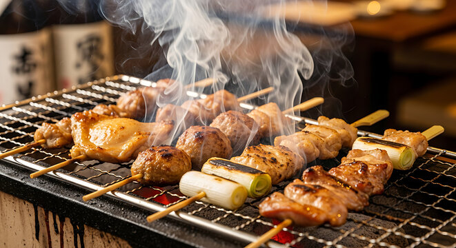 Assortment of Japanese yakitori skewers, including chicken and green onions, grilling over hot coals with smoke rising.