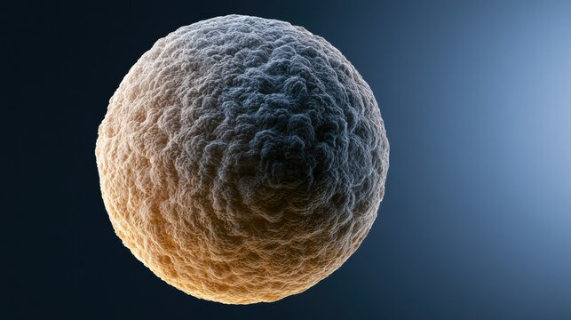Human ovum egg cell is displayed in a detailed 3D render highlighting its complex texture under an electron microscope with a dark background.