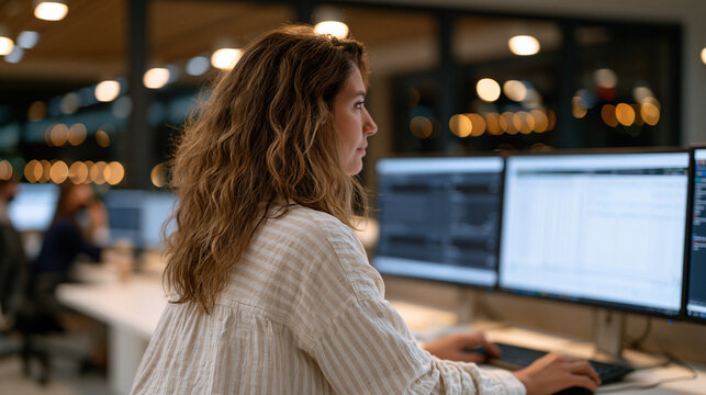 Insurance claims processing supervisor monitors an artificial intelligence workflow dashboard in a glass-walled fintech operations center, flagging adjudication anomalies as automated routing handle