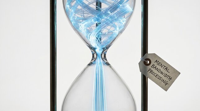 Conceptual Hourglass with Glowing Blue Data Fibers and Mental Bandwidth Processing Tag