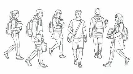 Obraz premium Group of diverse college students walking with backpacks and books