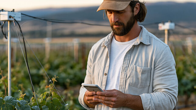 Harvest timing optimization sensor array installed across vineyard rows, viticulture manager reviewing real-time Brix and temperature readings on handheld device, dew still on leaf surfaces, Napa Va