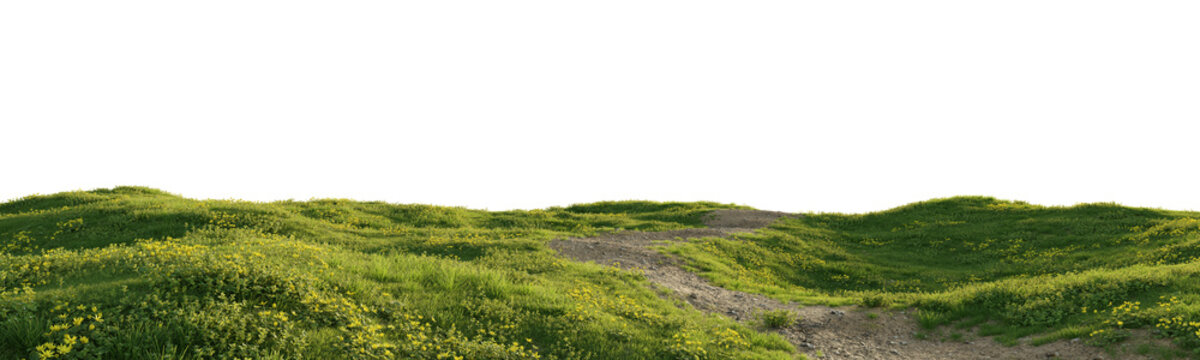 Grassy hill terrain with dirt path and rocks isolated on transparent background for environment design asset. 3D rendering.